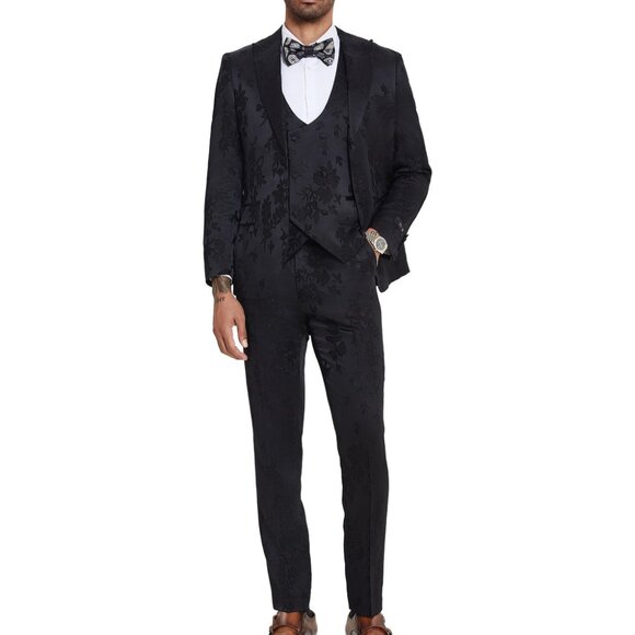 Black Floral Pattern Peak Lapel 3 Piece Skinny Fit Men's Suit